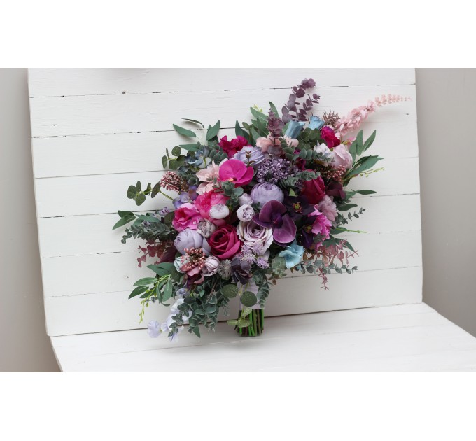 Wedding bouquets in jewel-tone colors. Bridal bouquet. Cascading bouquet. Faux bouquet. Bridesmaid bouquet. 5137