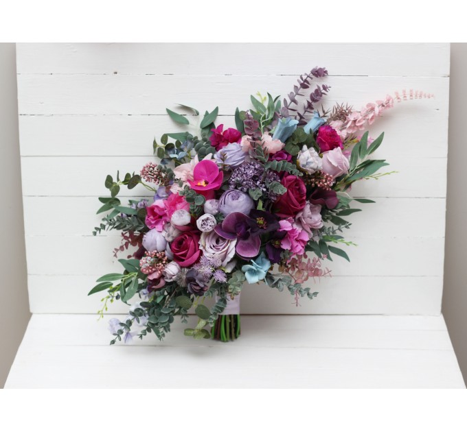 Wedding bouquets in jewel-tone colors. Bridal bouquet. Cascading bouquet. Faux bouquet. Bridesmaid bouquet. 5137