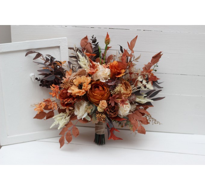 Wedding bouquets in orange ivory rust terracotta colors. Bridal bouquet. Faux bouquet. Bridesmaid bouquet. 5140