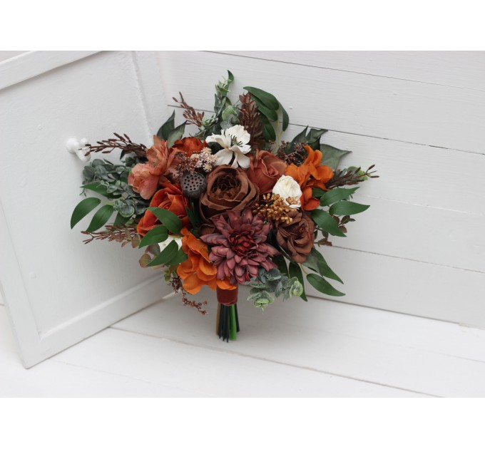 Wedding bouquets in terracotta cinnamon rust ivory colors. Bridal bouquet. Faux bouquet. Bridesmaid bouquet. 5139