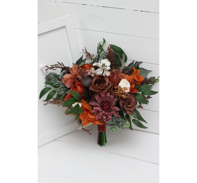 Wedding bouquets in terracotta cinnamon rust ivory colors. Bridal bouquet. Faux bouquet. Bridesmaid bouquet. 5139