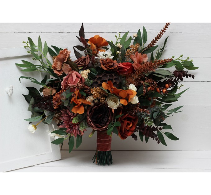 Wedding bouquets in terracotta cinnamon rust ivory colors. Bridal bouquet. Faux bouquet. Bridesmaid bouquet. 5139