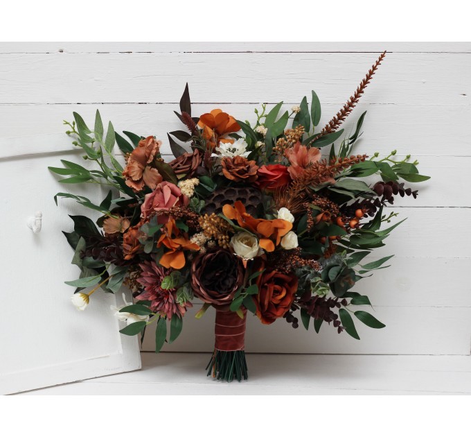 Wedding bouquets in terracotta cinnamon rust ivory colors. Bridal bouquet. Faux bouquet. Bridesmaid bouquet. 5139
