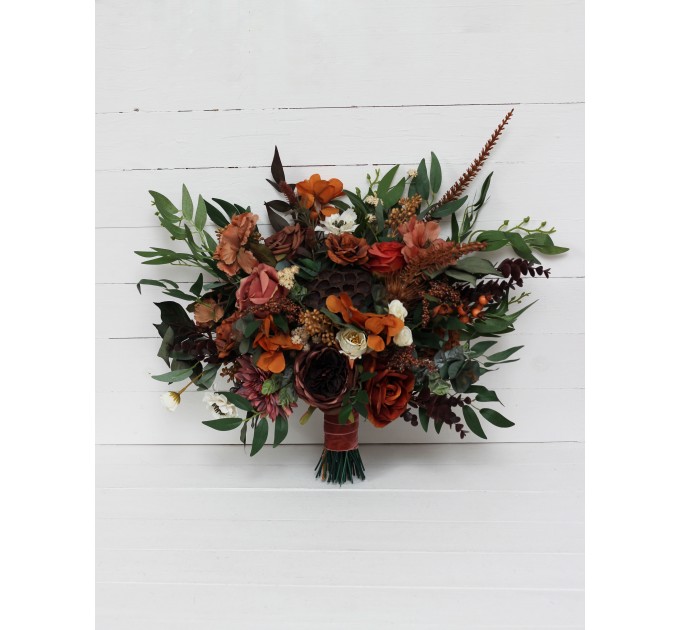 Wedding bouquets in terracotta cinnamon rust ivory colors. Bridal bouquet. Faux bouquet. Bridesmaid bouquet. 5139