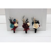  Wedding boutonnieres and wrist corsage  in dark teal burgundy black cream color scheme. Flower accessories. 5136