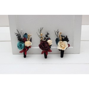  Wedding boutonnieres and wrist corsage  in dark teal burgundy black cream color scheme. Flower accessories. 5136
