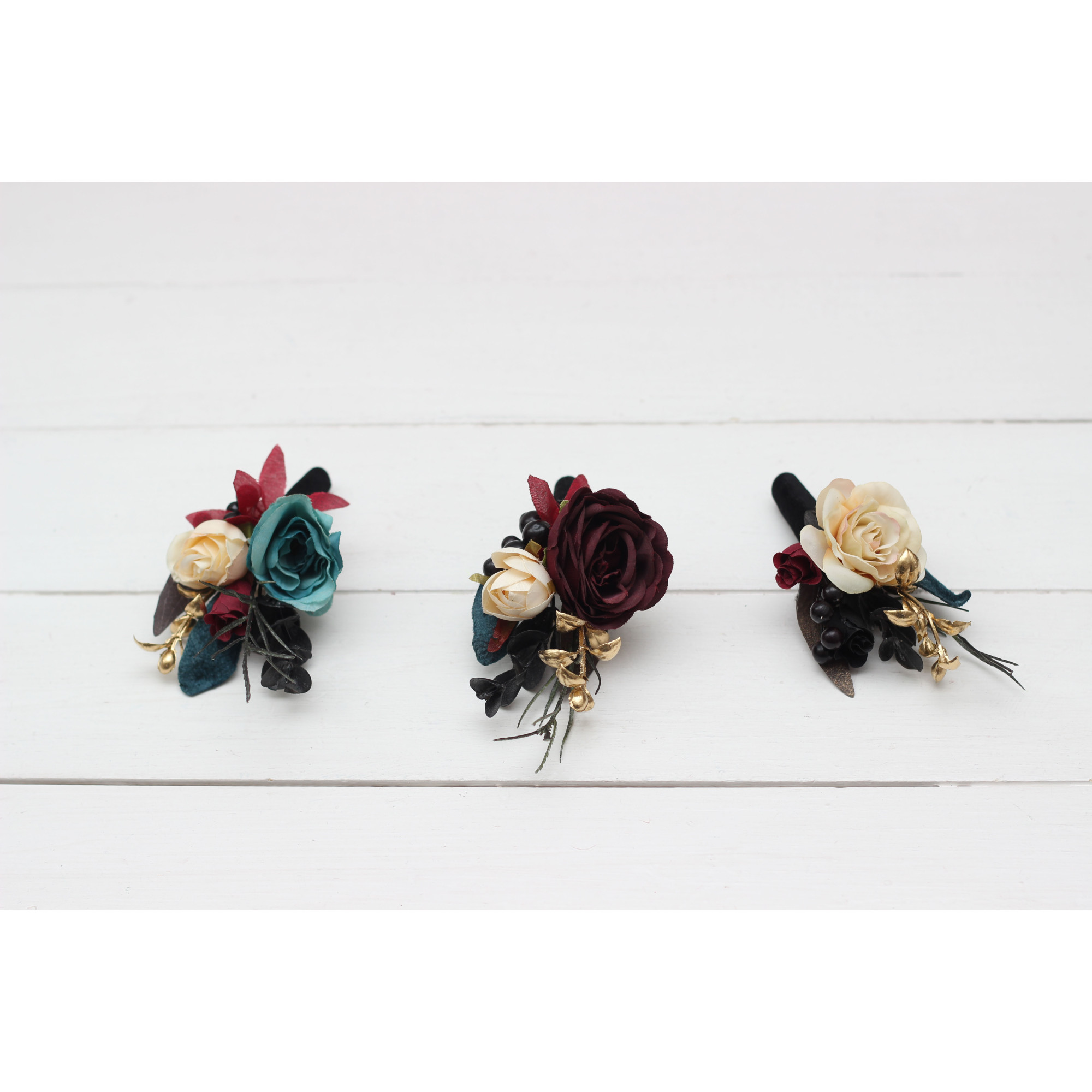Dark Teal & Burgundy Wedding Boutonnieres – Faux Flower Wrist Corsage ...