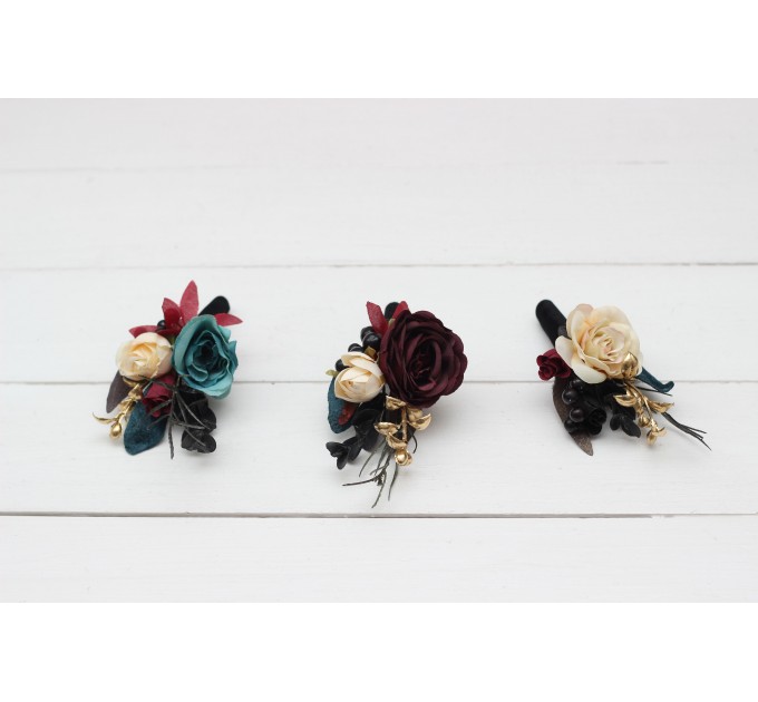  Wedding boutonnieres and wrist corsage  in dark teal burgundy black cream color scheme. Flower accessories. 5136