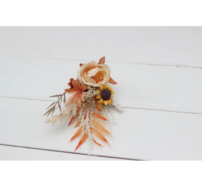  Wedding boutonnieres and wrist corsage  in orange rust beige color scheme. Flower accessories.5134