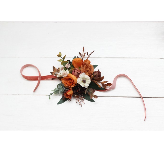 Wedding Boutonnieres & Wrist Corsage in Terracotta, Cinnamon, Rust & Ivory | Faux Flower Accessories