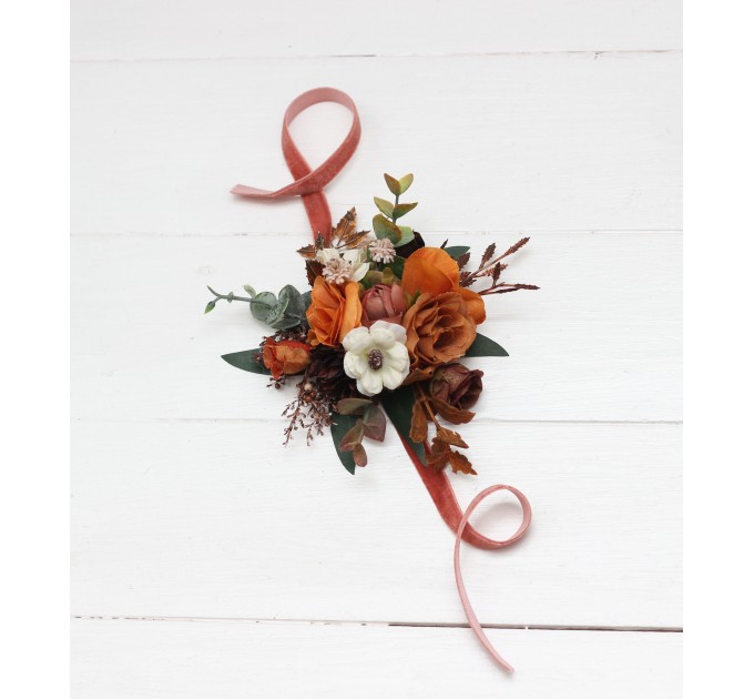 Wedding Boutonnieres & Wrist Corsage in Terracotta, Cinnamon, Rust & Ivory | Faux Flower Accessories