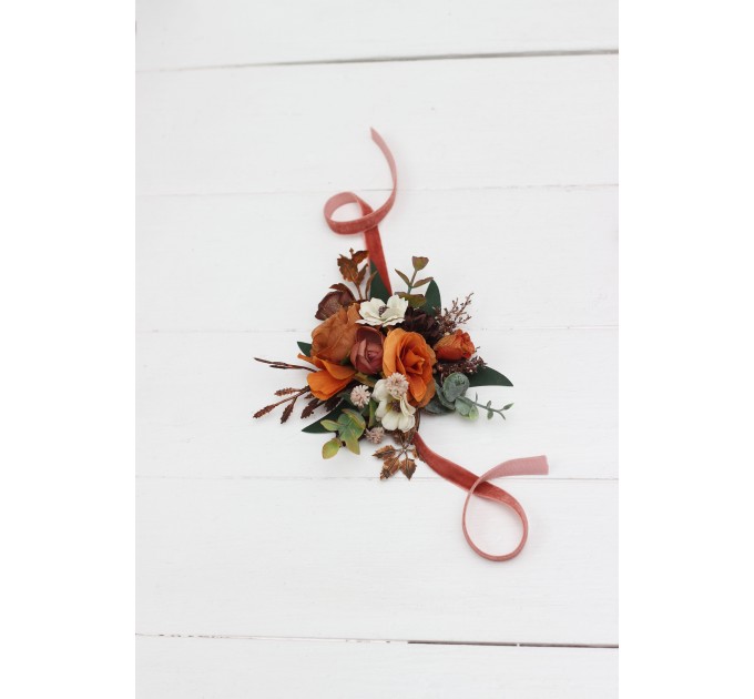 Wedding Boutonnieres & Wrist Corsage in Terracotta, Cinnamon, Rust & Ivory | Faux Flower Accessories