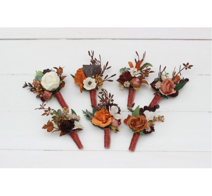 Wedding Boutonnieres & Wrist Corsage in Terracotta, Cinnamon, Rust & Ivory | Faux Flower Accessories