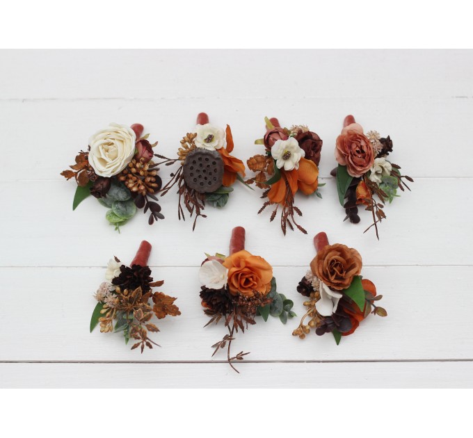 Wedding Boutonnieres & Wrist Corsage in Terracotta, Cinnamon, Rust & Ivory | Faux Flower Accessories