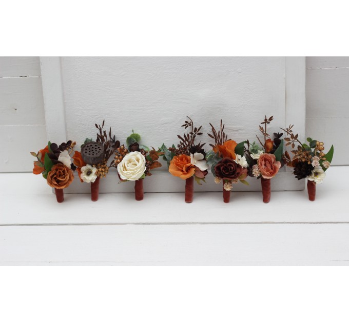 Wedding Boutonnieres & Wrist Corsage in Terracotta, Cinnamon, Rust & Ivory | Faux Flower Accessories