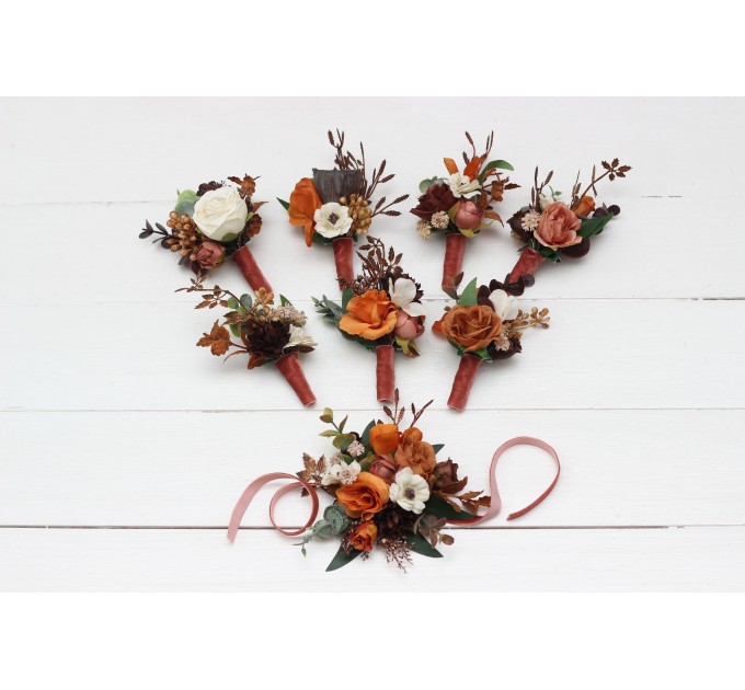 Wedding Boutonnieres & Wrist Corsage in Terracotta, Cinnamon, Rust & Ivory | Faux Flower Accessories