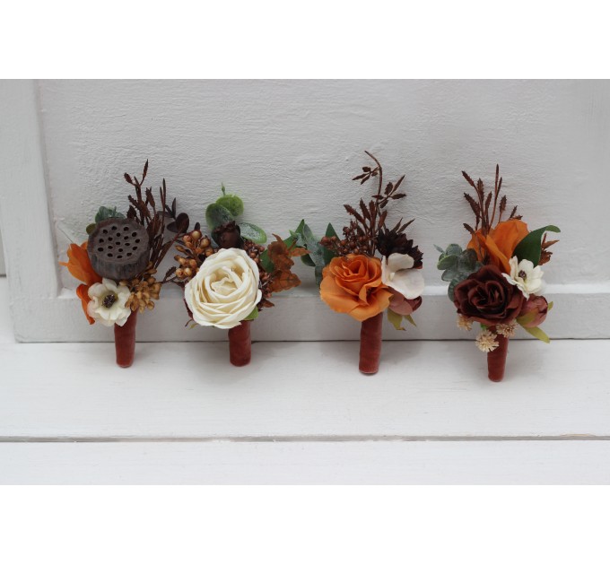 Wedding Boutonnieres & Wrist Corsage in Terracotta, Cinnamon, Rust & Ivory | Faux Flower Accessories