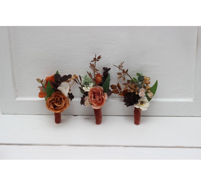 Wedding Boutonnieres & Wrist Corsage in Terracotta, Cinnamon, Rust & Ivory | Faux Flower Accessories