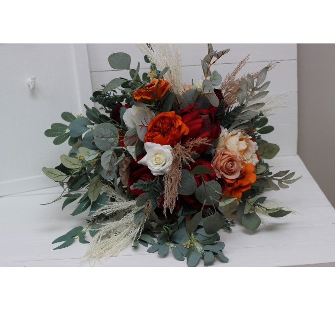 Boho Protea Bridal Bouquet | Rust, Vine, Beige & White Faux Wedding Flowers
