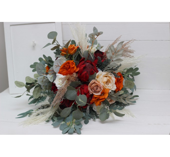 Boho Protea Bridal Bouquet | Rust, Vine, Beige & White Faux Wedding Flowers