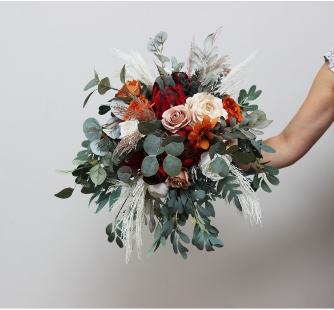Boho Protea Bridal Bouquet | Rust, Vine, Beige & White Faux Wedding Flowers