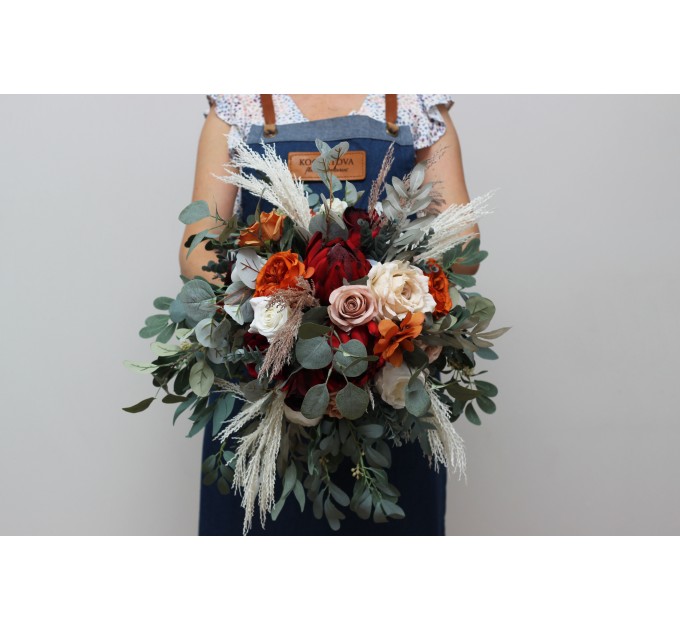 Boho Protea Bridal Bouquet | Rust, Vine, Beige & White Faux Wedding Flowers