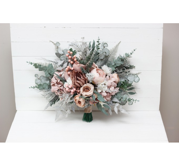 Sage Green & Gray Bridal Bouquet | Blush Pink, Beige & White Faux Boho Wedding Flowers