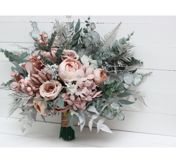 Sage Green & Gray Bridal Bouquet | Blush Pink, Beige & White Faux Boho Wedding Flowers