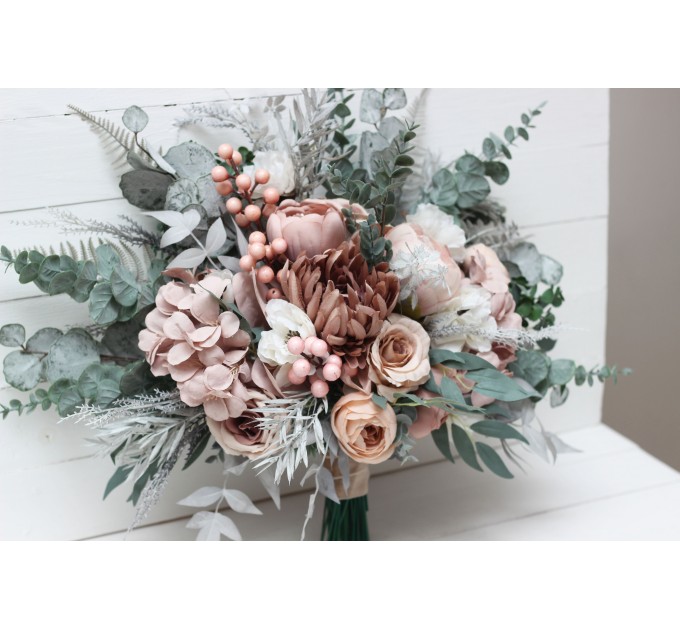 Sage Green & Gray Bridal Bouquet | Blush Pink, Beige & White Faux Boho Wedding Flowers