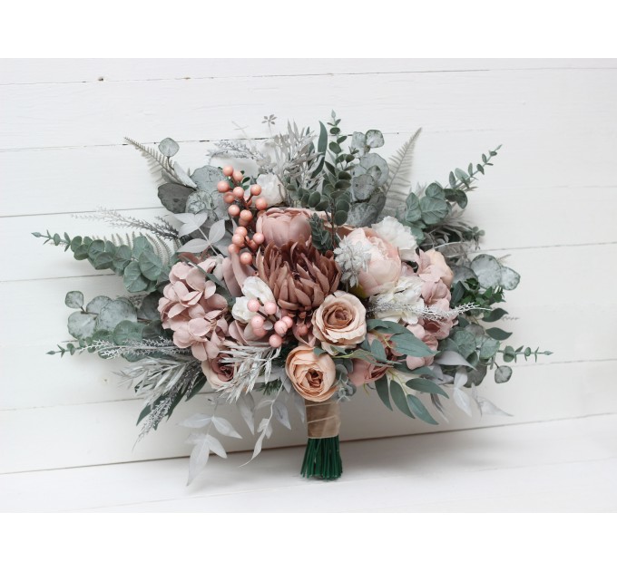 Sage Green & Gray Bridal Bouquet | Blush Pink, Beige & White Faux Boho Wedding Flowers