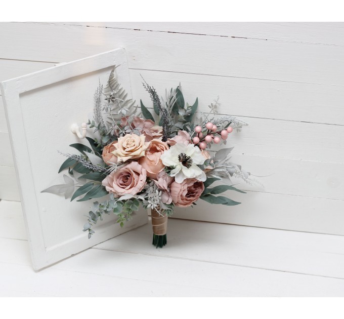Sage Green & Gray Bridal Bouquet | Blush Pink, Beige & White Faux Boho Wedding Flowers