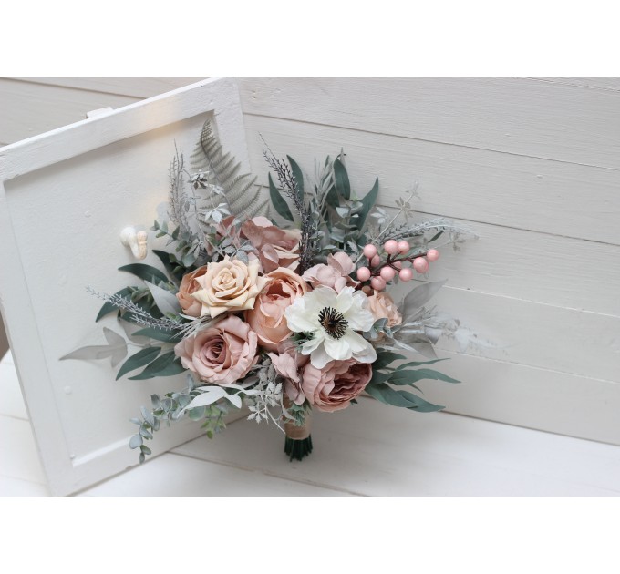 Sage Green & Gray Bridal Bouquet | Blush Pink, Beige & White Faux Boho Wedding Flowers