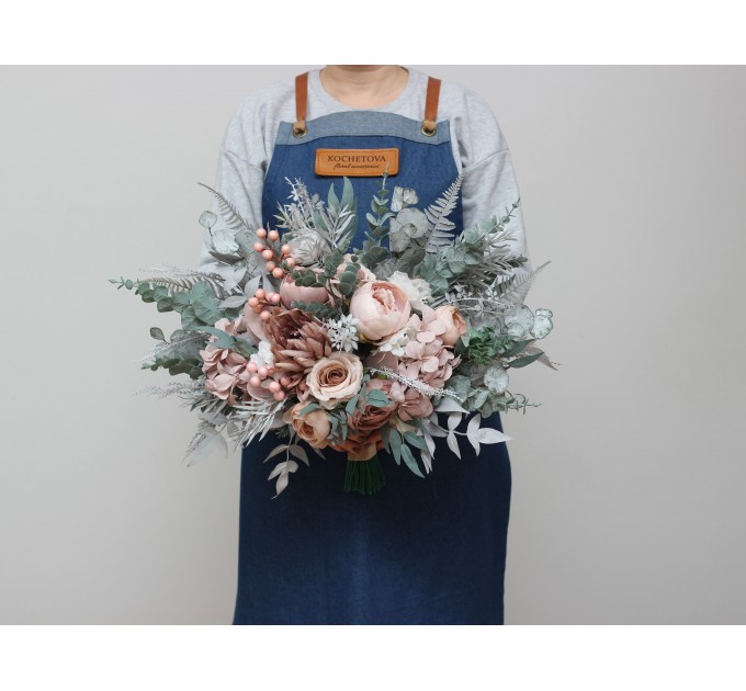 Sage Green & Gray Bridal Bouquet | Blush Pink, Beige & White Faux Boho Wedding Flowers