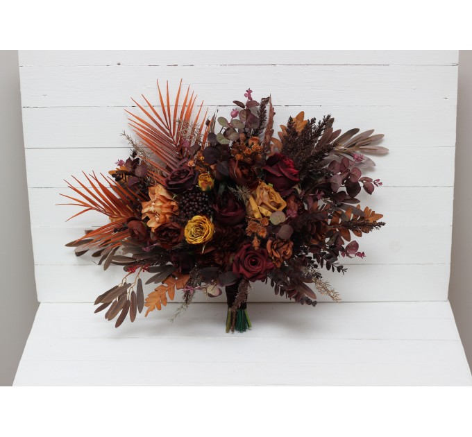 Wedding bouquets in burgundy rust mustard brown colors. Bridal bouquet. Cascading bouquet. Faux bouquet. Bridesmaid bouquet. 5155