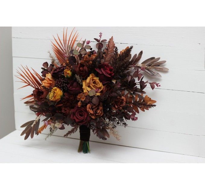 Wedding bouquets in burgundy rust mustard brown colors. Bridal bouquet. Cascading bouquet. Faux bouquet. Bridesmaid bouquet. 5155