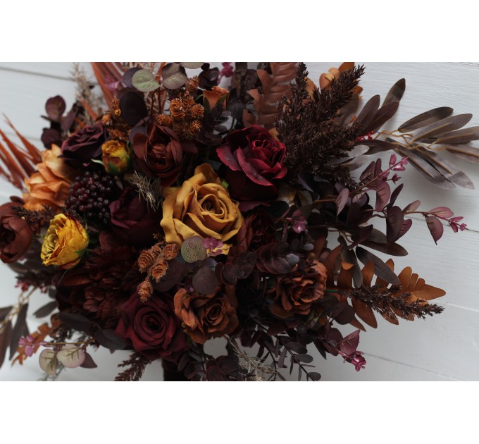 Wedding bouquets in burgundy rust mustard brown colors. Bridal bouquet. Cascading bouquet. Faux bouquet. Bridesmaid bouquet. 5155