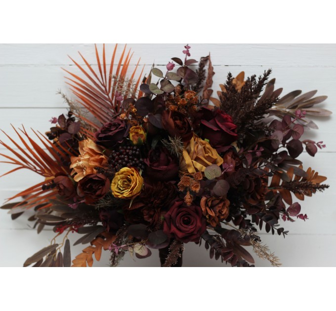 Wedding bouquets in burgundy rust mustard brown colors. Bridal bouquet. Cascading bouquet. Faux bouquet. Bridesmaid bouquet. 5155