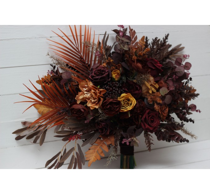 Wedding bouquets in burgundy rust mustard brown colors. Bridal bouquet. Cascading bouquet. Faux bouquet. Bridesmaid bouquet. 5155