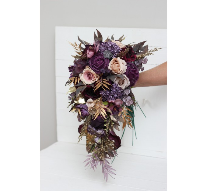 Wedding bouquets in purple gold beige colors. Bridal bouquet. Cascading bouquet. Faux bouquet. Bridesmaid bouquet. 5147