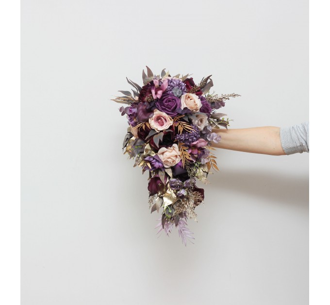 Wedding bouquets in purple gold beige colors. Bridal bouquet. Cascading bouquet. Faux bouquet. Bridesmaid bouquet. 5147