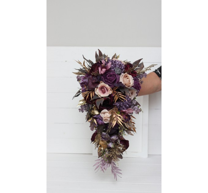 Wedding bouquets in purple gold beige colors. Bridal bouquet. Cascading bouquet. Faux bouquet. Bridesmaid bouquet. 5147