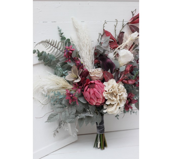 Wedding bouquets in white gray chianti colors. Bridal bouquet. Faux bouquet. Bridesmaid bouquet. 5151