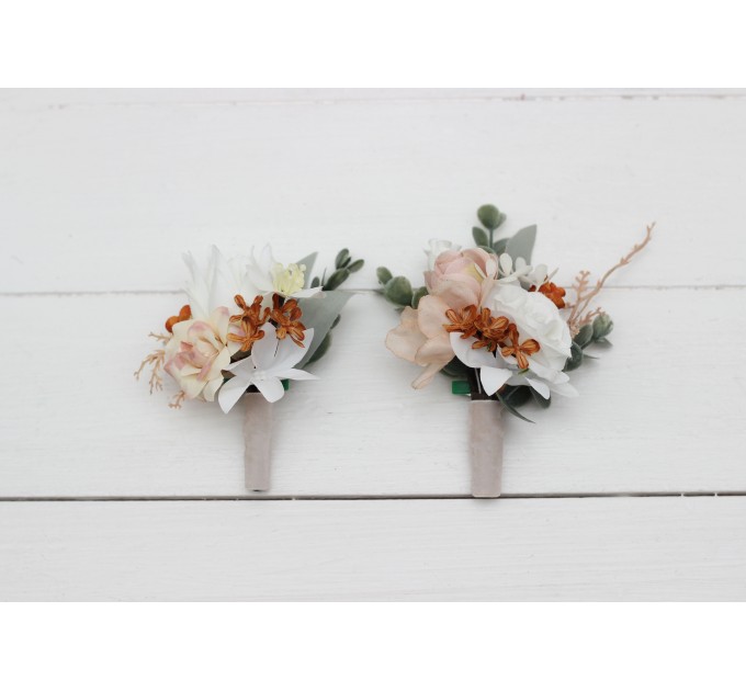 Wedding Boutonnieres & Wrist Corsage in Beige, White & Rust | Faux Flower Accessories