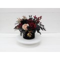 Burgundy black gold beige centerpiece. Table decor. Flowers in box. 0018