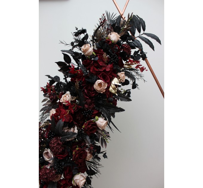  Flower arch arrangement in burgundy black gold beige colors.  Arbor flowers. Floral archway. Faux flowers for Halloween wedding arch. 0018