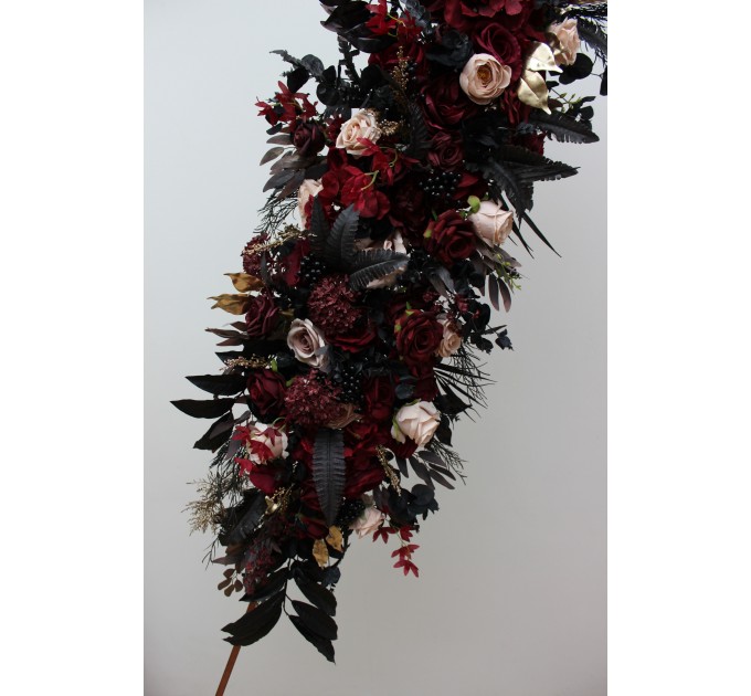  Flower arch arrangement in burgundy black gold beige colors.  Arbor flowers. Floral archway. Faux flowers for Halloween wedding arch. 0018
