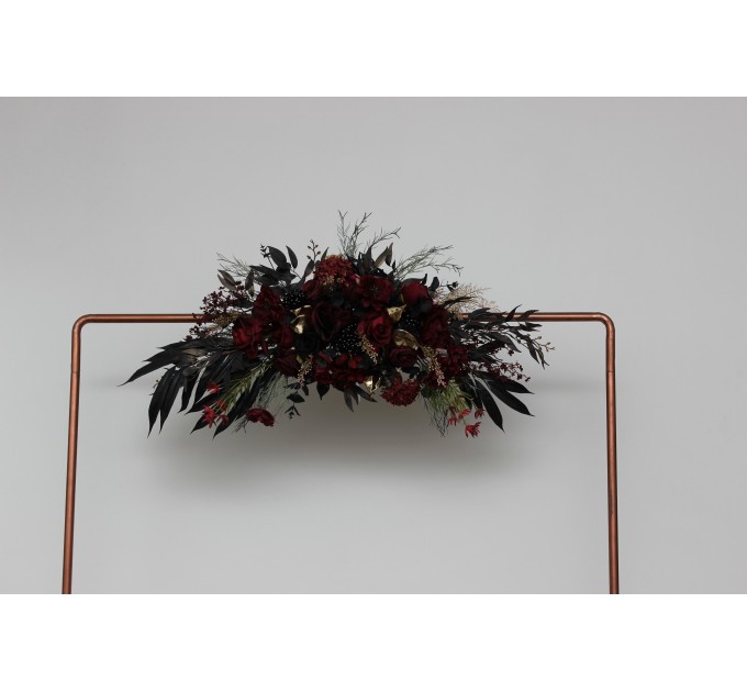  Flower arch arrangement in burgundy black gold beige colors.  Arbor flowers. Floral archway. Faux flowers for Halloween wedding arch. 0018