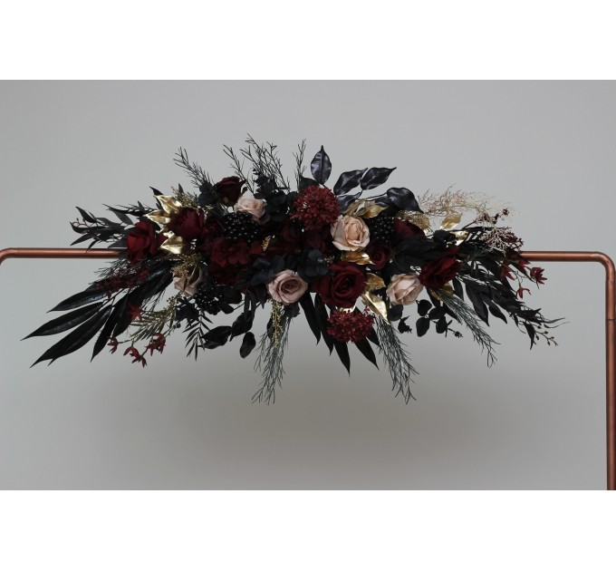  Flower arch arrangement in burgundy black gold beige colors.  Arbor flowers. Floral archway. Faux flowers for Halloween wedding arch. 0018