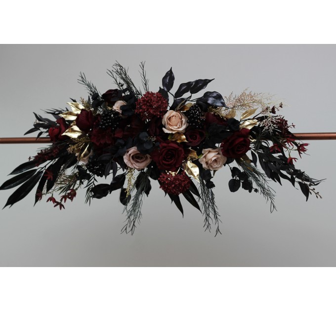  Flower arch arrangement in burgundy black gold beige colors.  Arbor flowers. Floral archway. Faux flowers for Halloween wedding arch. 0018