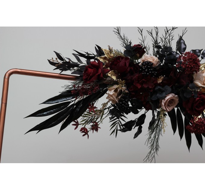  Flower arch arrangement in burgundy black gold beige colors.  Arbor flowers. Floral archway. Faux flowers for Halloween wedding arch. 0018